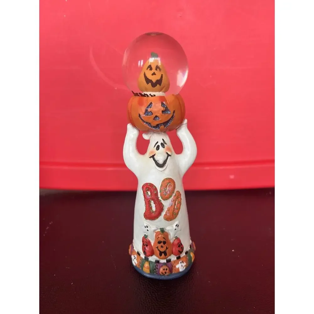 Halloween Mini Pumpkin w/Ghost water globe tall with flying bats Really Cute